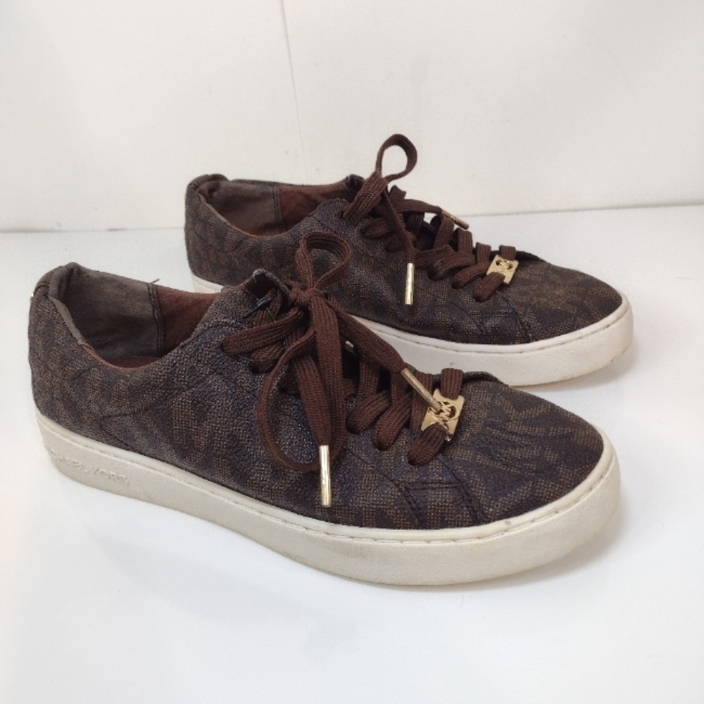 Michael Kors Brown Monogram Low-Top Sneakers with Gold Accents
